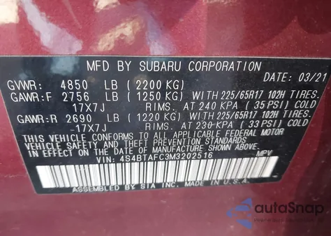 2021 Subaru Outback Premium из США, поврежденный, VIN 4S4BTAFC3M3202516